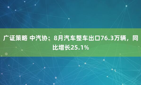 广证策略 中汽协：8月汽车整车出口76.3万辆，同比增长25.1%